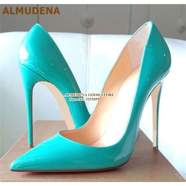 

almudena brand 12  8cm stiletto heel pumps patent leather dress shoes pointed toe thin heel designer wedding shoes size45 t200525, Black