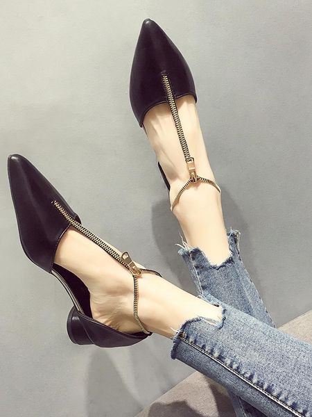 

women's shoes pointed toe sandals 2020 new spring thick heel zip round heel pumps roman shoes, Black