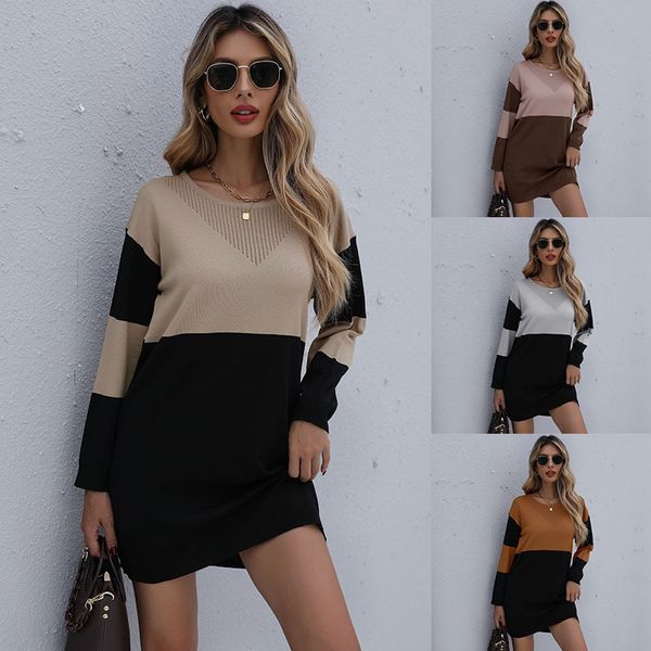 

independent station cross-border middle eastern women's wear in the fall of 2021 new turtleneck round neck loose knit stitching contras, Black;gray