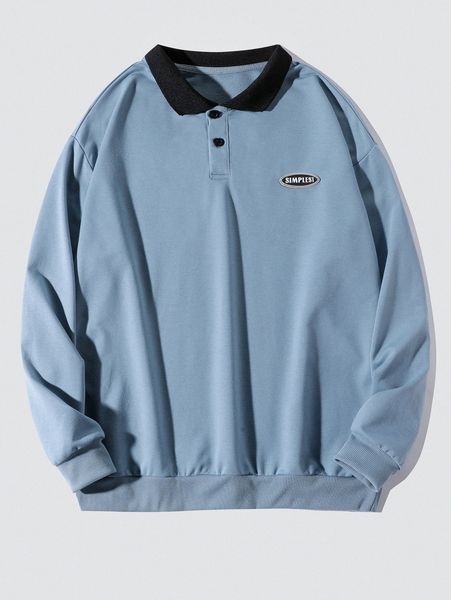 

men letter patched polo neck sweatshirt 96xb#, Black