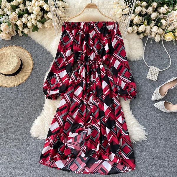 

geometric plaid women dress autumn slash neck puff sleeve button a-line dresses elegant off shoulder holiday dress dza413, Black;gray