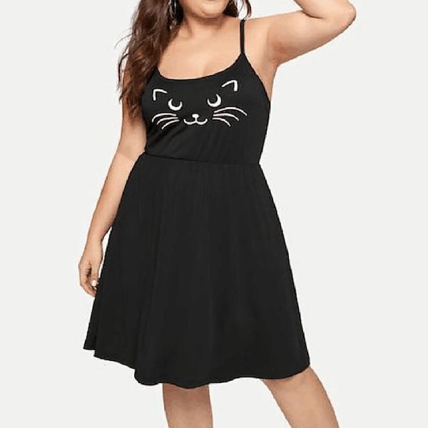 

cat print plus size casual dress girl summer sleeveless girls dress summer beach sundress stretchy solid mini dress #g6, Black;gray