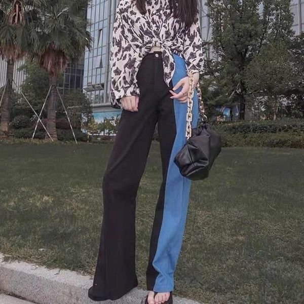 

autumn women's high waist jeans spliced panelled wide leg loose slimming design straight split mop floor baggy jeans for women, Blue