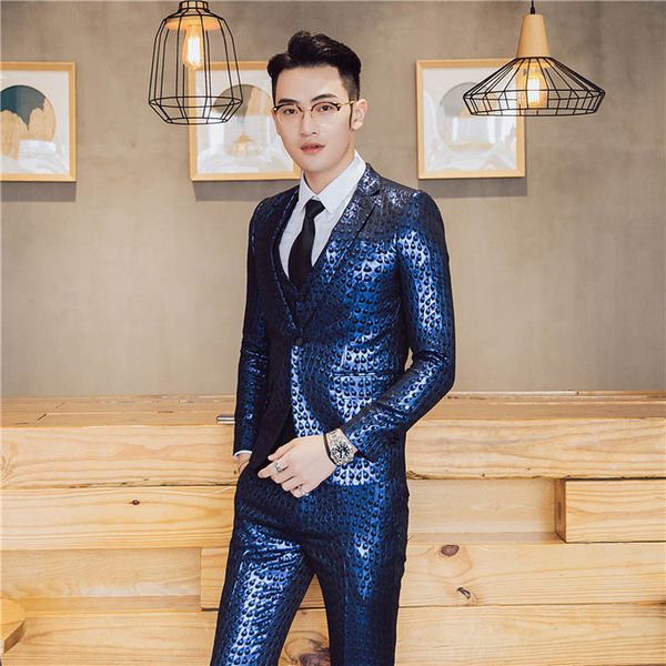 

yushu luxury men suit business casual 3 piece suit slim fit party wedding stage costume homme gold blue tuxedo terno masculino 201106, White;black