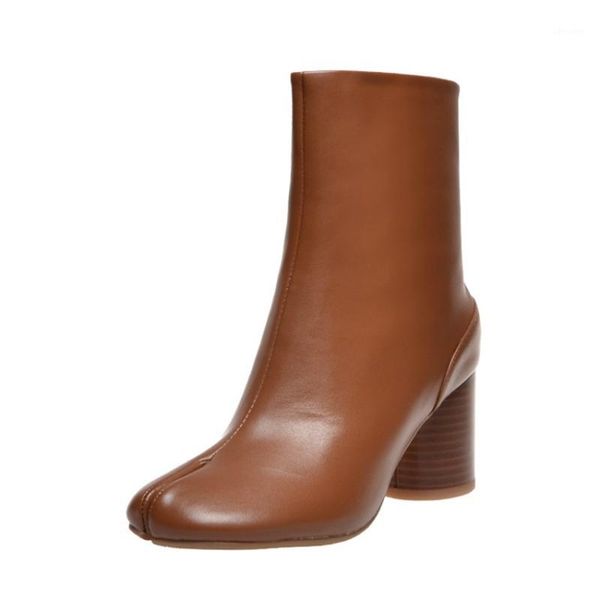 

mkkhou fashion short boots fall 2020 new leather chic split toe side hidden buckle middle boot 7cm high heel boot size 33-411, Black