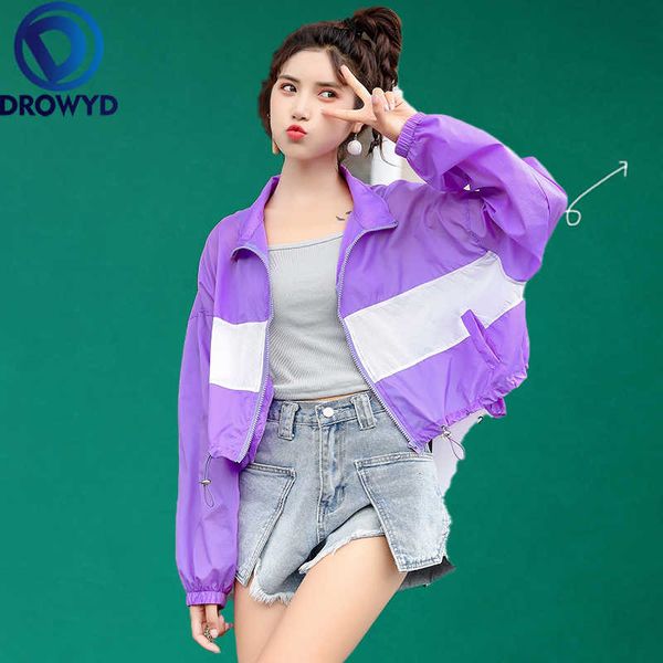 

fashion purple patchwork thin baseball jacket women casual zipper bomber breathable sunscreen cardigan short coat 3 colors, Black;brown