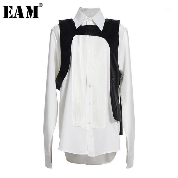 

eam] women pu leather belt pleated big size blouse new lapel long sleeve loose fit shirt fashion tide spring summer 2020 1u3161, White