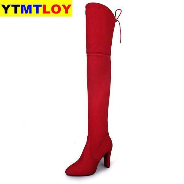

spring new fashion side zipper large size long women's boots were thin high-heeled thick suede over-the-knee women winter, Black
