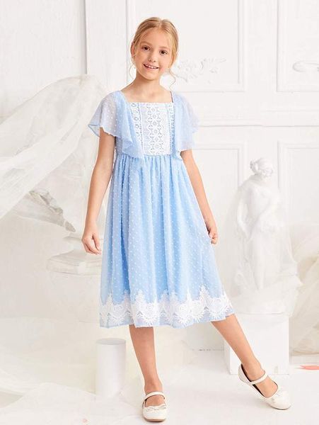 

girls ruffle trim guipure lace yoke swiss dot dress she, Red;yellow
