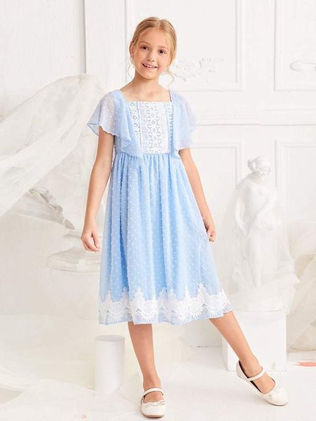 Meninas plissagem guarnição guipure lace jugo swiss ponto vestido ela