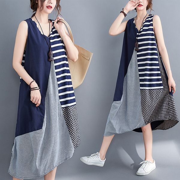 

waistcoat women's summer dress vest skirt vest skirt new chubby mm sleeveless medium length irregular cotton hemp plaid stitching dress, White