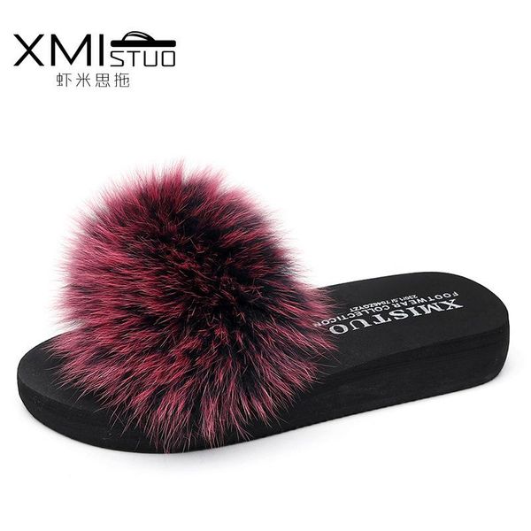 

summer slippers women female outer wear beach flip flops mid heel hair flat non-slip outer wear plush word shoes woman, Black