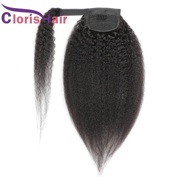 

kinky straight ponytails 100% brazilian virgin human hair wrap around clip in extensions for black women coarse yaki real pony tail 100g