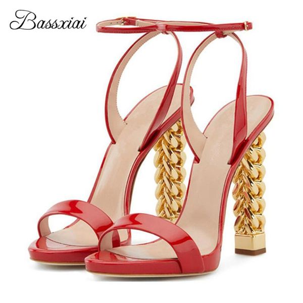 

sandals novelty metal twist high heel women ankle strappy open toe patent leather party sandalias mujer summer, Black