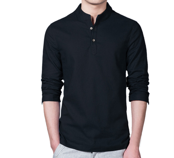 

men's casual shirts men ethnic style solid color cotton slim long sleeve dress shirt blouse mandarin collar clothing, White;black