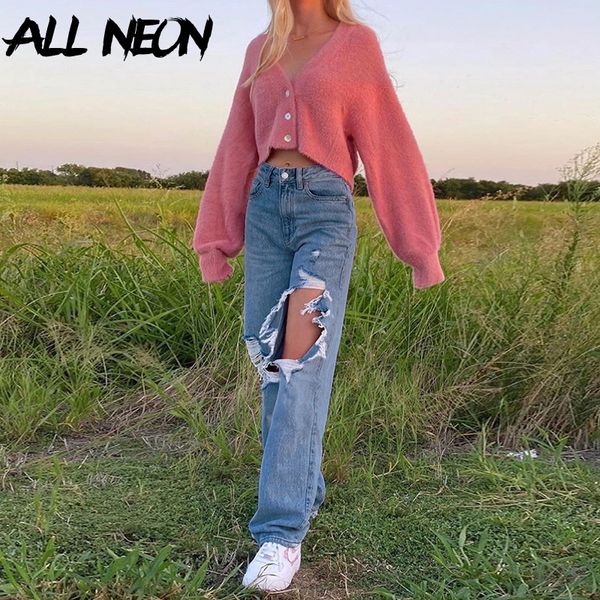 

allneon y2k fashion high waist ripped jeans e-girl style autumn distressed hole demin straight pants 90s vintage casual trousers, White