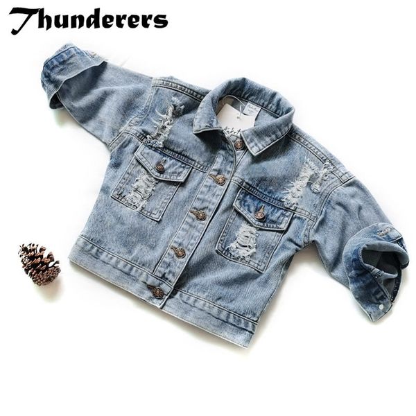 

thunderers spring autumn kids jacket for girls ripped holes children jeans coats boys girls demin outerwear costume 24m-7y lj201130, Blue;gray