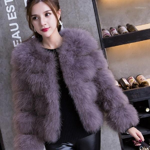

2020 winter fashion women's jacket real fur coat real ostrich feather coat patchwork fur slim was thin casual outerwear l17021, Black