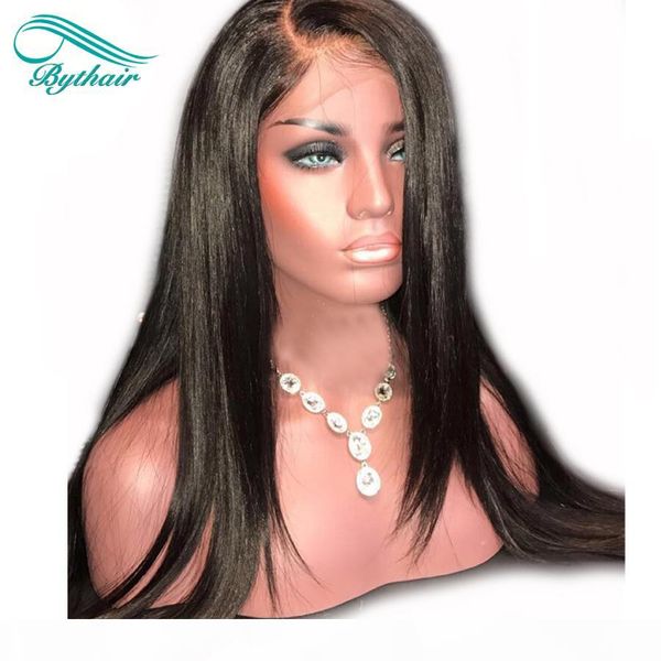 

bythairshop straight full lace human hair wigs for black women straight lace front wig virgin hair wigs with baby hair bleached knots, Black;brown