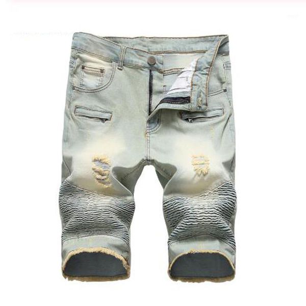 

men's jeans men's male fashion vintage slim straight ripped biker shorts for motorcycle knee length stretch denim pleated fringe j, Blue