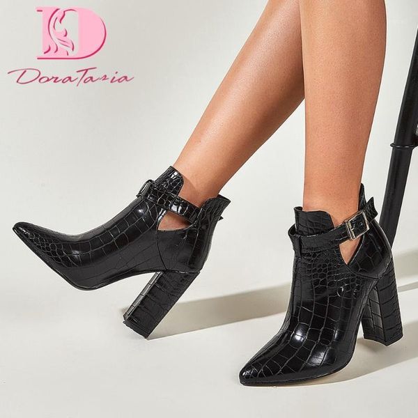 

doratasia autumn female mature ankle boots pointed toe chunky high heels buckle boots women office elegant fashion shoes woman1, Black