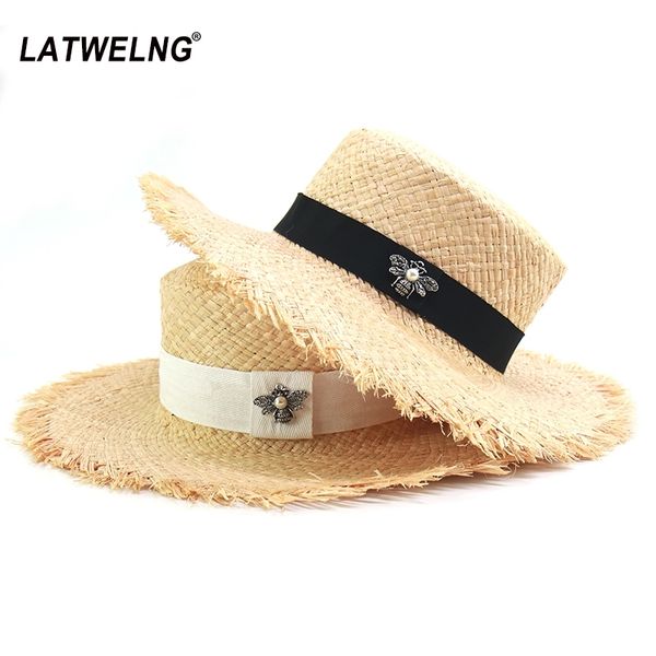 

new fashion bee decoration straw hats for women soft raffia beach hat ladies summer sun visor hats dropshipping wholesale y200602, Blue;gray