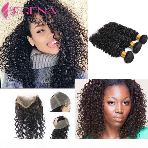 

360 lace frontal closure with bundles pre plucked full lace 360 closure indian deep curly with frontal human hair curly frontal, Black;brown