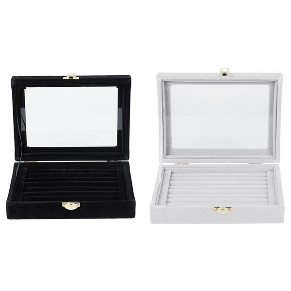

2 pcs velvet glass ring earring jewelry display organizer box tray holder storage case, black & gray, Pink;blue