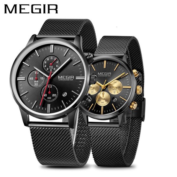 

megir luxury men's watches erkek kol saati fashion brand chronograph quartz wrist watch for lovers montre homme set, Slivery;brown
