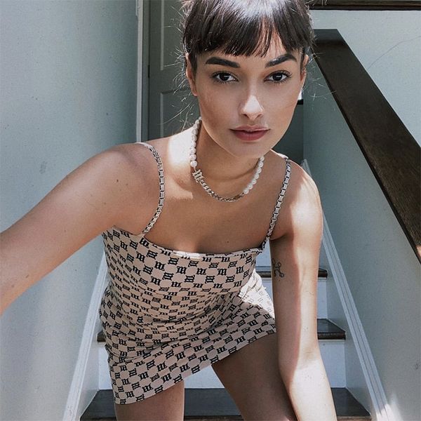 

2020 summer new ins style street hip hop  presbyopic letter slim-fit metal chain suspender suspender skirt sling skirt sling dress tyy, Black;gray