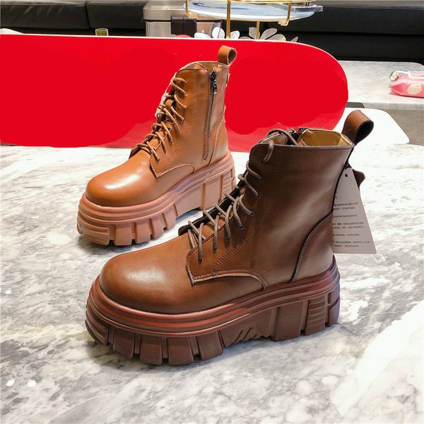 

boots deat 2021 spring autumn fashion casual genuine leather thick-soled muffin wedge lace-up shoes women short sf284, Black