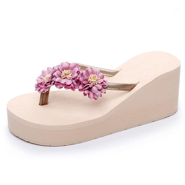 

new flowers women flip flops high heel wedges platform sandals slippers women summer beach shoes size 34-40 xkd80081, Black