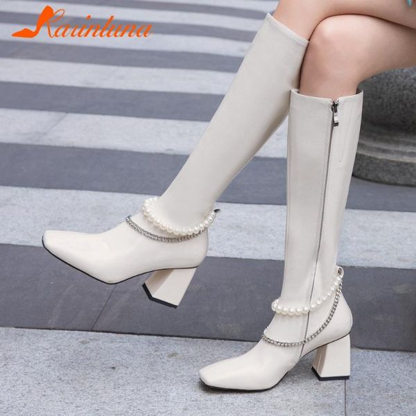 

karin autumn new arrival genuine leather chains square toe knee bootsc cow leather solid leisure women shoes, Black