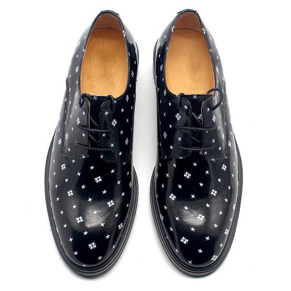 

print wave point cow leather derby shoes flat heel lace formal business shoes men handmade shoe, Black