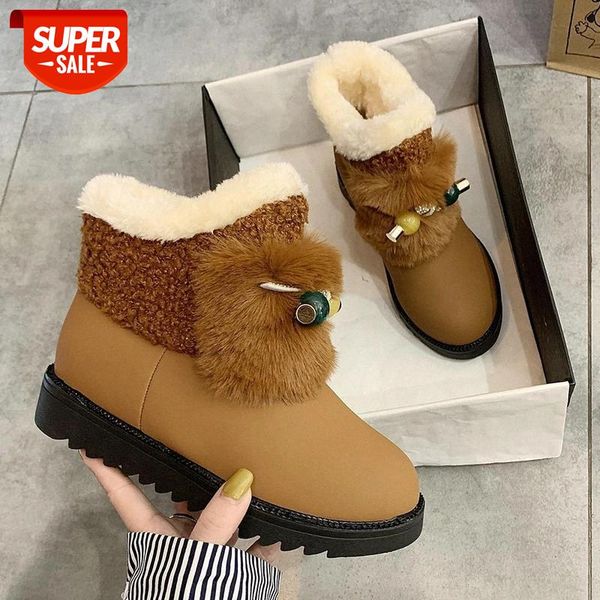 

lucyever women fur warm snow boots 2020 new fashion string bead flat ankle boots woman winter plush cotton padded shoes woman #4l1b, Black