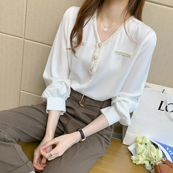 

spring new women solid v-neck chiffon blouse elegance office lady lantern sleeve white shirt basic loose casual t00008t