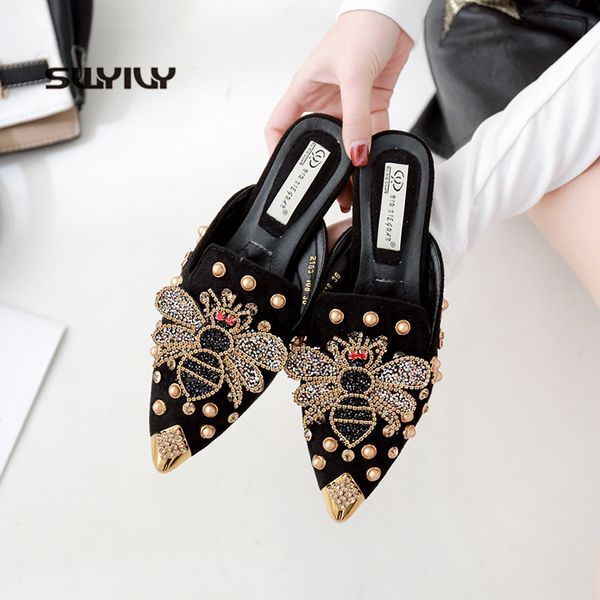 

swyivy 2019 женщины трусы остроконечные toe rivet bee spring женский luxury lady тапочки вне wear слайды женщина тапочки 40 y200423, Black
