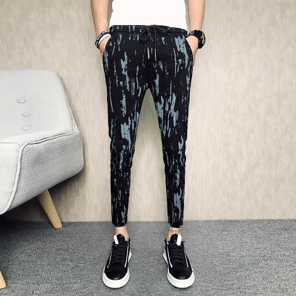 

spring summer new thin printed harem pants men clothing 2021 simple all match slim fit casual trousers streetwear hip hop 34-28, Black