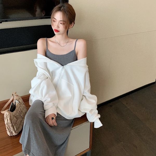 

2020 autumn new hooded sleeve sweater coat + suspender long skirt two piece fashion suit for women
