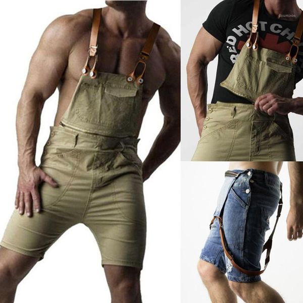 

new vintage cargo shorts men's overalls denim shorts scratched holes cowboy jumpsuits romper male suspender pants streetwear1, Blue