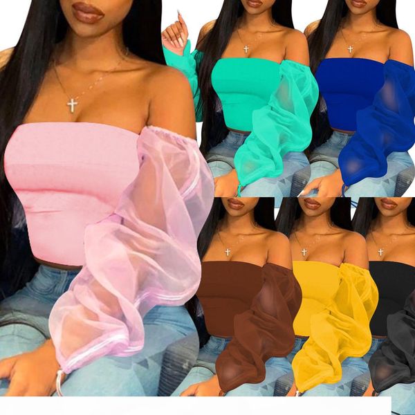 

new women long sleeve t-shirt strapless one-neck bodycon cropped shirt see through mesh party streetwear, White