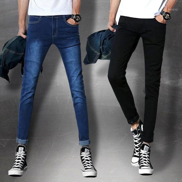 

spring and summer 2020 fashion street men's stretch jeans slim black feet casual pants korean handsome straight pencil trousers1, Blue