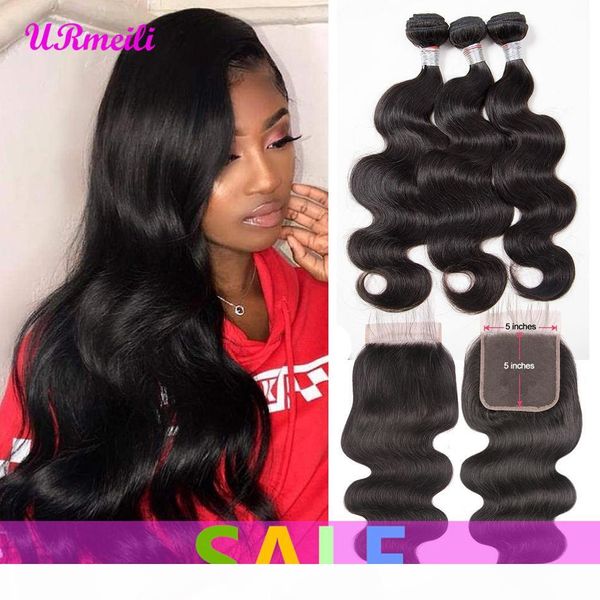 

brazilian remy hair bundles with closure 100% human hair weaves brazilian virgin hair body wave 5x5 lace closure natural color ing, Black;brown