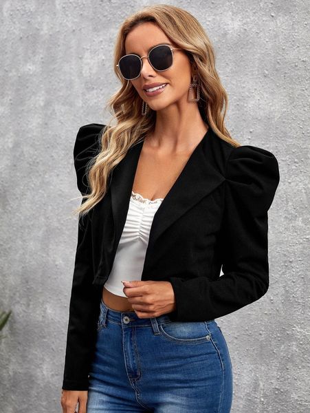 

gigot sleeve open front crop jacket r2jt#, Black;brown