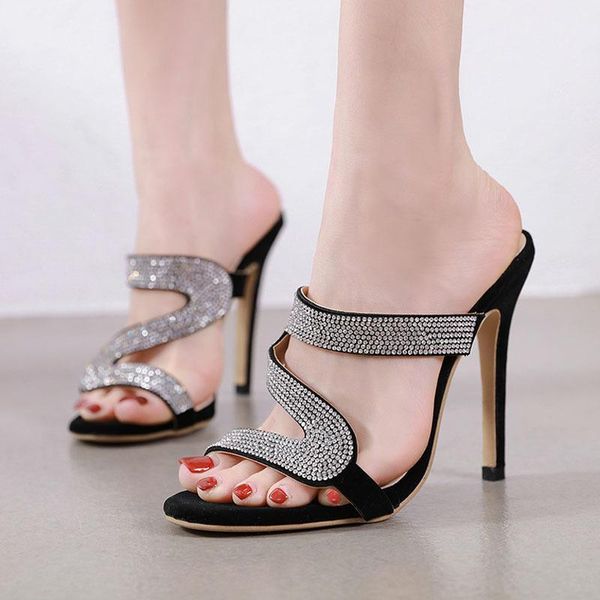 

slippers deat 2021 spring summer fashion casual black outside thin high heel rhinestone shoes women se8061