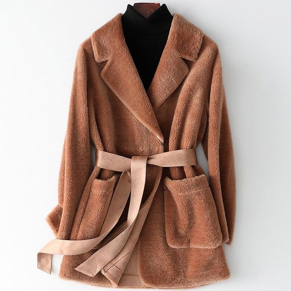 

fashion sheep shearing medium and long coat 2021 new autumn winter real 100% wool fur overcoat for women ladies warmer outwear, Black