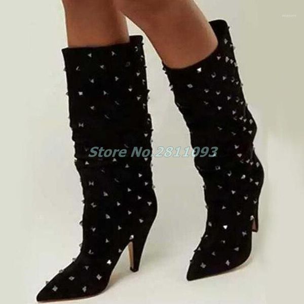 

spike heels knee high boots for woman pointed toe rivets studded big size autumn shoe runway fashion boots1, Black