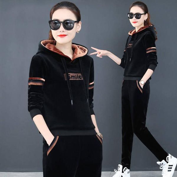 

winer thick velvet women tracksuit sportswear warm hoodie sweatshirt+pant running jogger fitness workout casual set sport suit, Black;blue