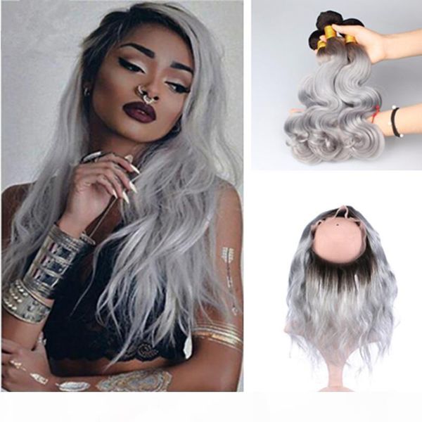 

two tone sliver grey hair 360 lace frontal with bundles 1b grey ombre body wave virgin hair with full lace band frontal closure, Black;brown