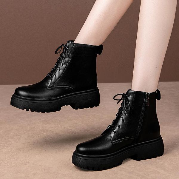 

genuine leather chunky high heels platform boots shoes woman autumn winter ankle boots for women cross tied working casual sheos, Black